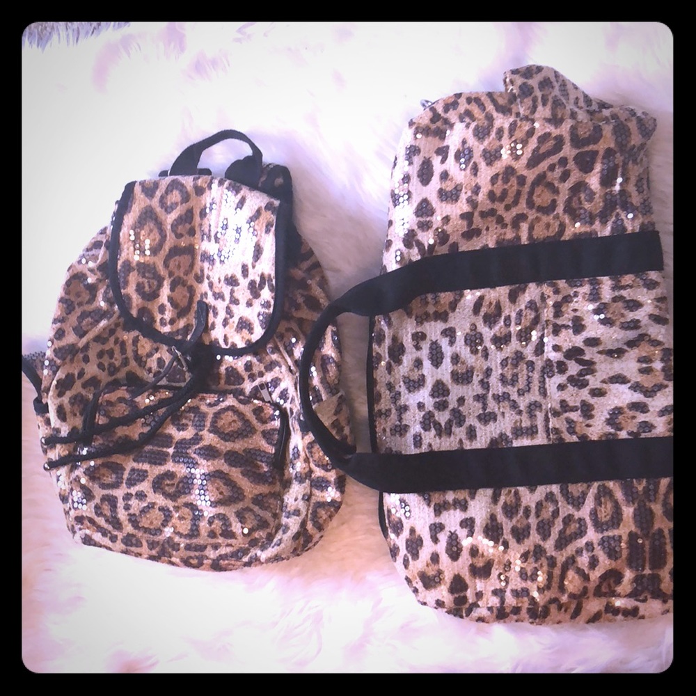 Sequined leopard print duffel bag and backpack